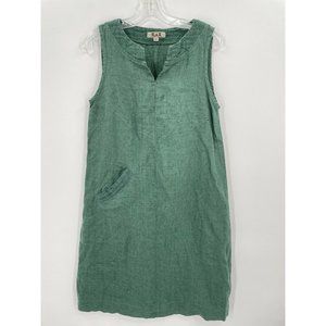 FLAX Solid Green Linen Sleeveless Pocket Dress V Neck Regular Size P